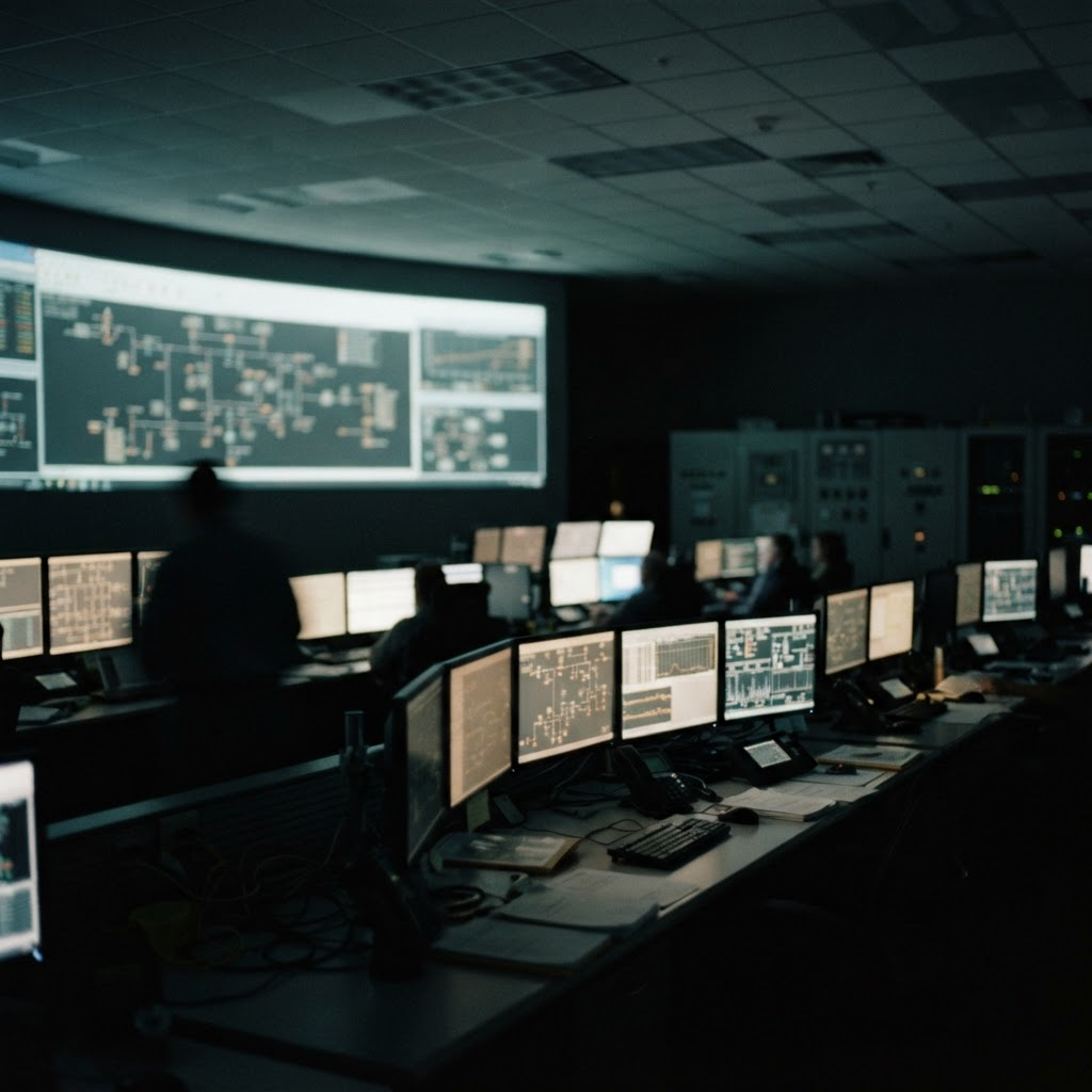 Grid operations control room with rows of monitors displaying one-line diagrams and telemetry