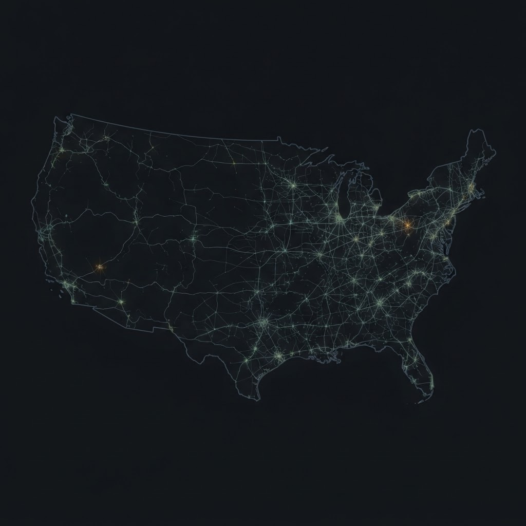 Stylized map of the United States showing the interconnected transmission network as a web of nodes and lines